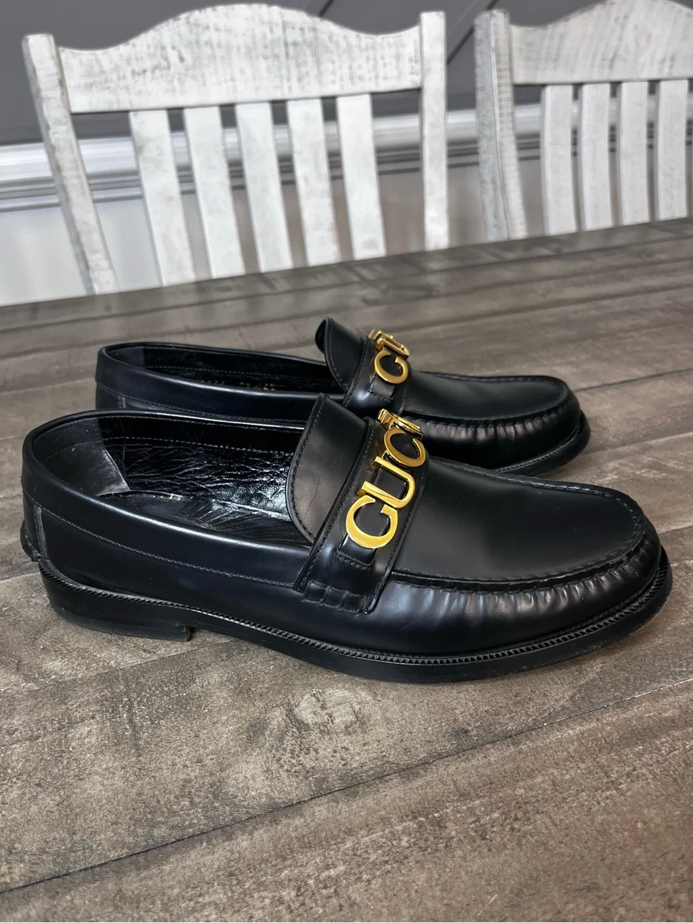 Gucci Cara Gold Logo Black Leather Men Loafers Shoes Size 9